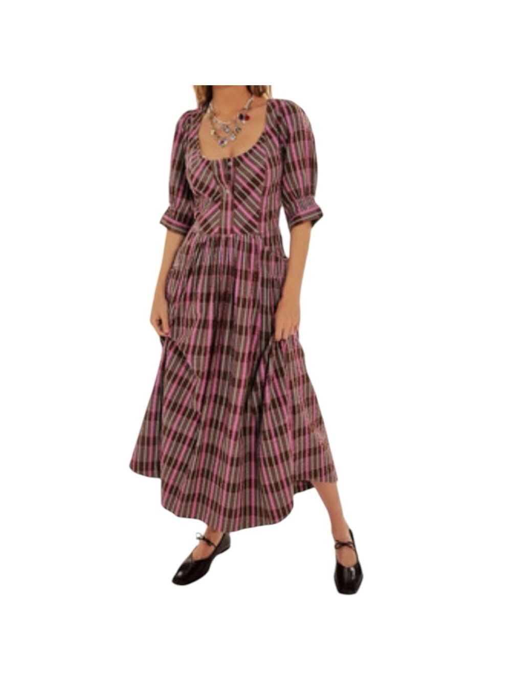 Free People Tulie Plaid Midi Milkmade Dress Brown Pink with pockets Size XS